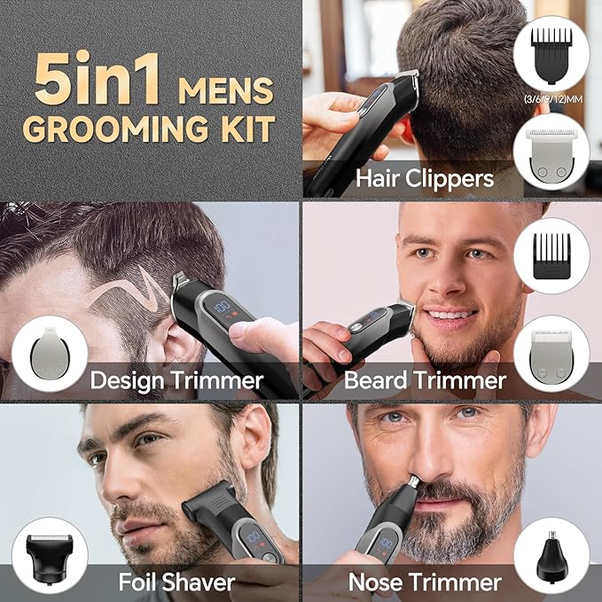 Beard Trimmer for Men, Professional Mustache Trimmer, Rechargeable Electric Razor for Men with T-Blade, Cordless Hair Clippers, Mens Grooming Kits for Body/Face/Ear/Nose, LED Display, Gray