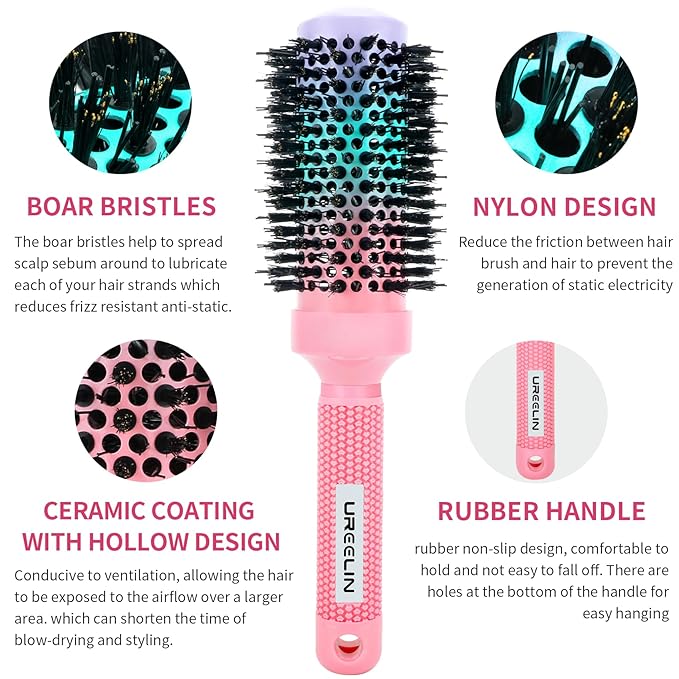 Round Brush for Blow Out - 1.7 Inch Nano Thermal Ceramic & Ionic with Boar Bristles - Salon Blow Drying Hair Brush for Drying,Volumizing, Curling, Shine & Smooth Styling