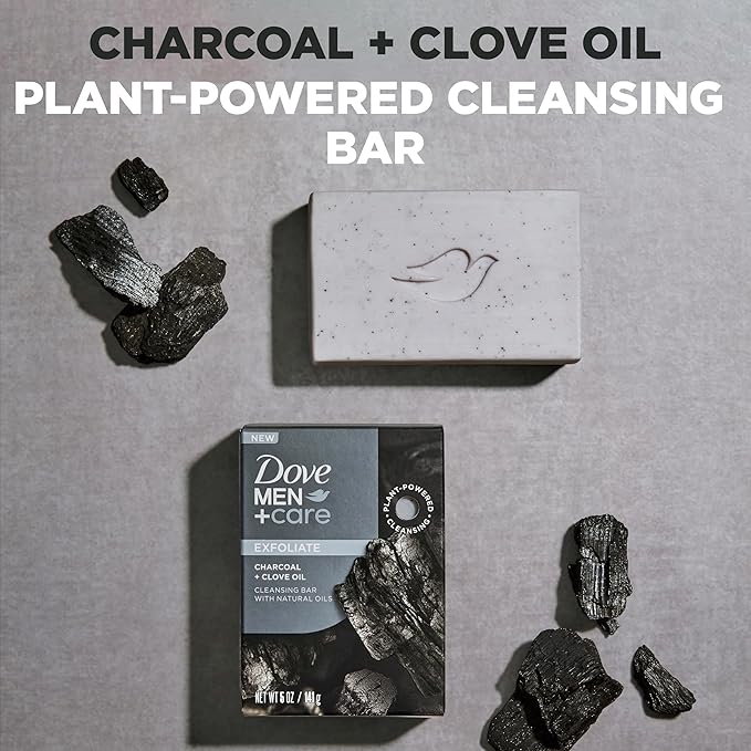 DOVE MEN + CARE Cleansing Bar Soap Charcoal + Clove Oil to Rebuild Skin in the Shower,a 4in1 Hair,Body,Face & Shaving Bar with Plant-Based Cleanser and Natural Oils 5 oz,(Pack of 8)