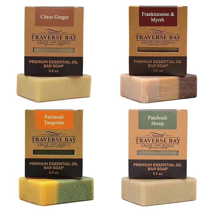 Traverse Bay Bath and Body Natural Cold Process Soap Earthy & Spicy 4-Bar Variety Pack, Citrus Ginger, Frankincense & Myrrh, Patchouli Tangerine, Patchouli Hemp, 5.5 oz Each, 22+ oz Total