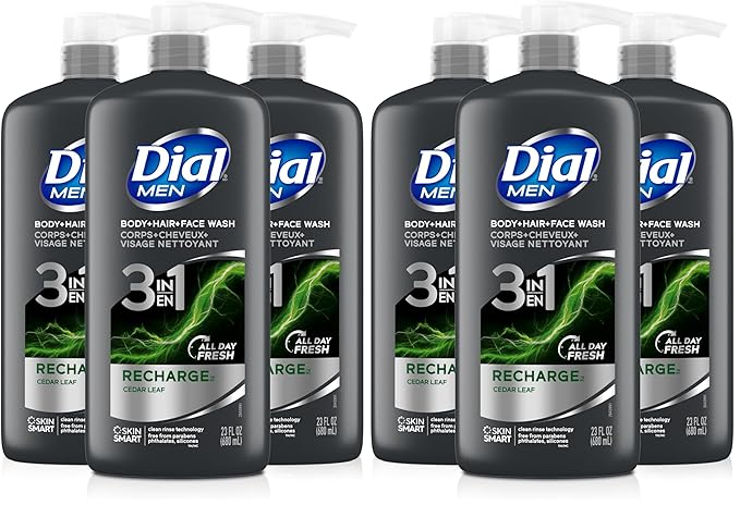 Dial Men 3in1 Body,Hair and Face Wash,Recharge, (23 fl oz Bottles),(Pack of 6)