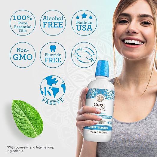 GuruNanda Oxyburst Teeth Whitening Mouthwash – Alcohol & Fluoride Free, with Hydrogen Peroxide & 7 Essential Oils, Value Size for Regular Use, Wild Mint, 1 Liter/33.8 fl oz