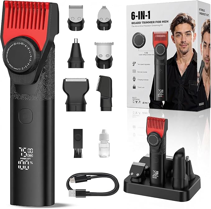 Prettywill Beard Trimmer for Men,with Adjustable Limiting Comb, Travel Lock IPX7 Waterproof, 2-Speed Settings, 6-in-1 Multi-Accessories Kit,Gifts for Men Husband Father,Jet Black