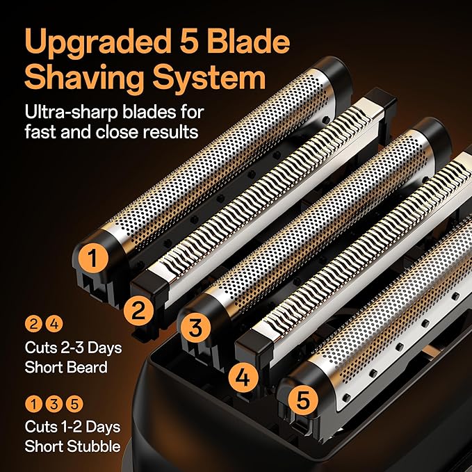 Powerful Electric Razor for Men – 5 Blade Portable Foil Shaver for Beard & Mustache Close Shave, Wet/Dry Use, Mini Cordless USB-C Rechargeable, with Gift Bag