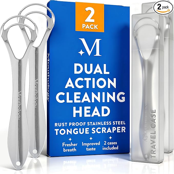 Mouthology Tongue Scraper for Adults (2 Pack), Reduce Bad Breath, Metal Tongue Scraper, Tongue Cleaner, Tongue Scraper, Stainless Steel Tongue Scraper, Tongue Cleaner for Adults, Tongue Scrubber