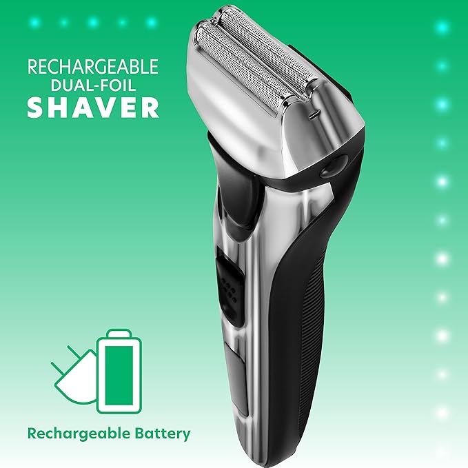 ChargeWorx Groom Essentials Dual-Foil Rechargeable Electric Shaver, Cordless, Ergonomic Electric Razor with Pop-Up Beard and Mustache Trimmer for Travel, LED Battery Indicator, Includes Cleaning Brush
