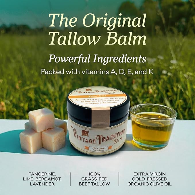 Vintage Tradition Beef Tallow All Purpose Balm – Healing, Hydrating Citrus Oil Skin Care Salve Replaces Body Lotion, Hand Cream, More – Essential Oil,a Olive Oil, and Grass-Fed Tallow, 2 fl. oz.