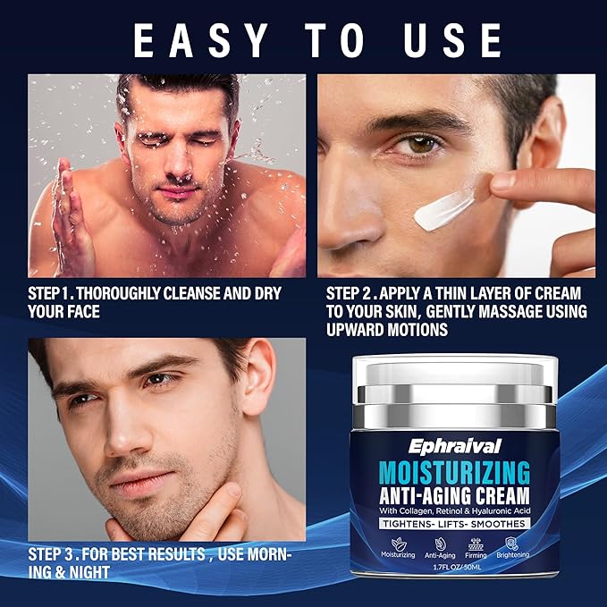 Retinol Anti-Aging Cream for Men: Moisturizing Face Cream with Hyaluronic Acid Vitamin E Peptides - Reduces Wrinkles Firms Skin Lightweight Formula 1.7 fl oz