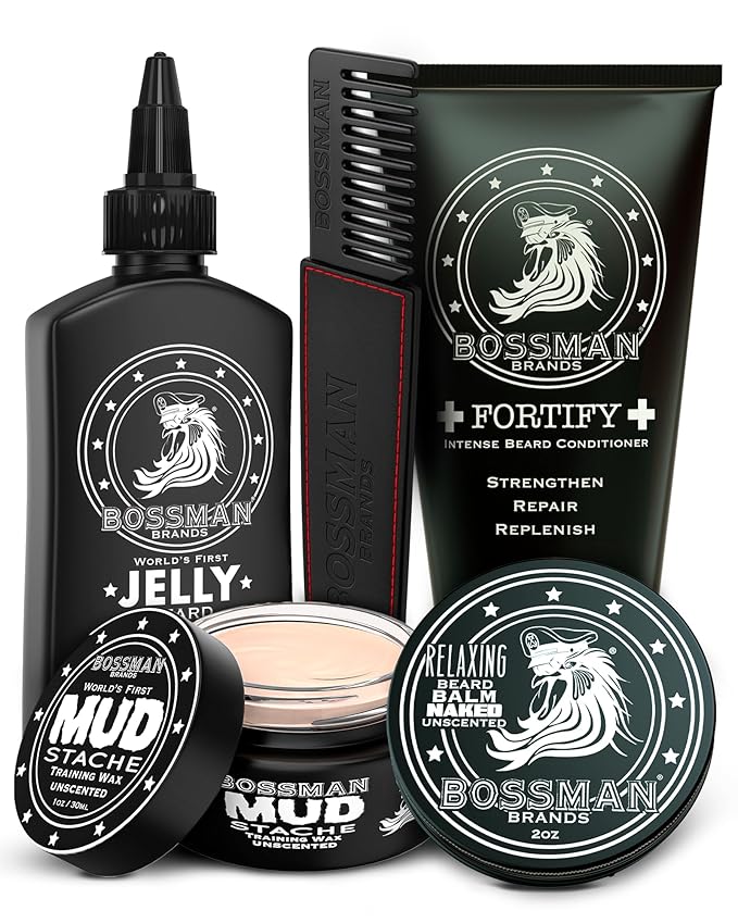 Bossman Complete Beard Kit – Men's Beard Oil Jelly, Fortifying Shower Conditioner, Balm, Mustache Wax & Comb – Beard Softener & Grooming Care – Men Gift Set (Naked Unscented)