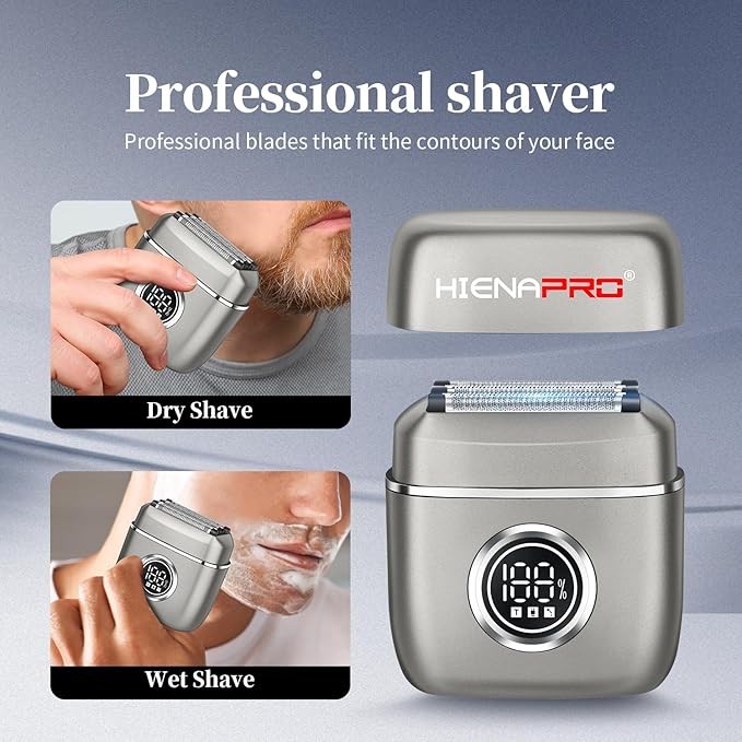 HIENA PRO Men's Electric Foil Shaver - USB-C Rechargeable, IPX7 Waterproof, Pocket-Sized with LED Display for Travel & Home (Gray)