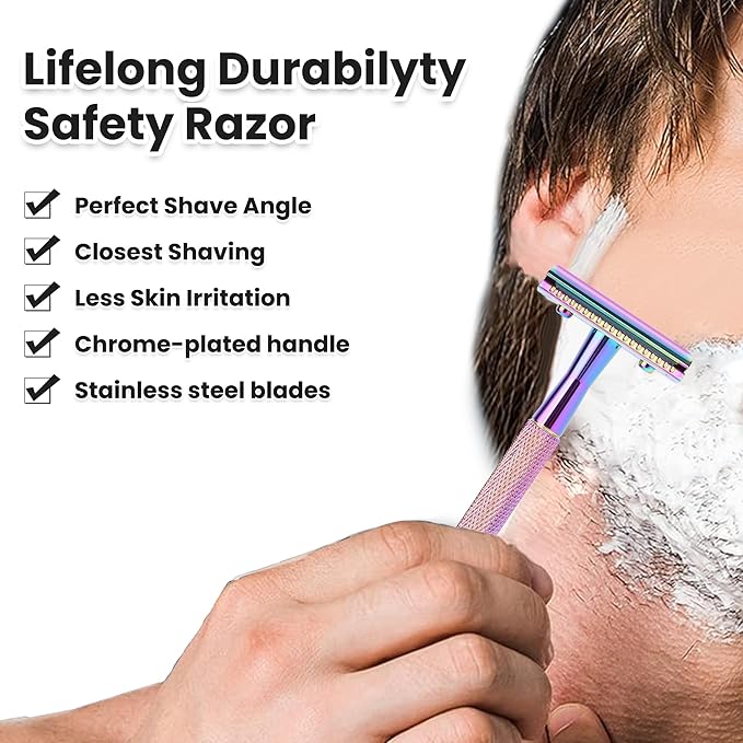 One Blade Safety Razor With Stand and 10 Premium Stainless Steel Reusable Safety Razor For Men and Women, Single Blade Safety Razors, Rainbow