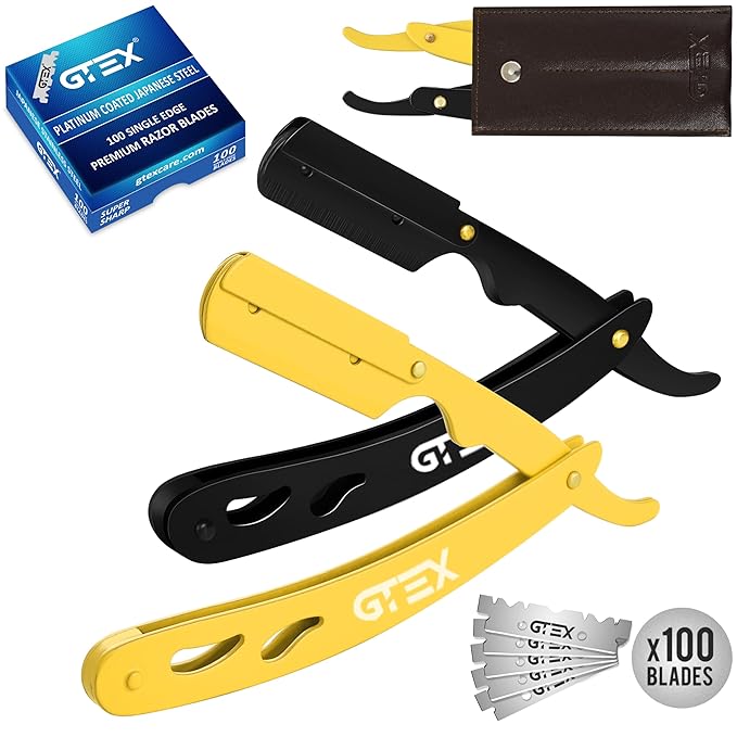 2 Straight Razor For Men (Yellow Black), 100 GTEX Premium Blades (Japanese Steel) - 2Pack Straight Edge With 100 Platinum Blades - Navajas Para Barbero - Barber For Men, Beard