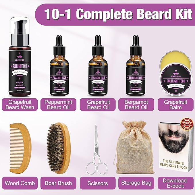 Boyfriend Birthday Gifts,Beard Care Kit Includes 3 Scented Beard Oil,Grapefruit Beard Shampoo & Balm, Brush, Comb,Scissors,Cool Men Stuff Christmas Stocking Stuffers Gifts for Men Him Dad Husband
