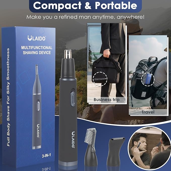 Nose and Ear Hair Trimmer for Men, Rechargeable 3 in 1 Hair Trimmers for Nose Ear Eyebrow & Body Detail Hair Removal, No Pull No Snag Men's Grooming with High Speed, 3 Heads