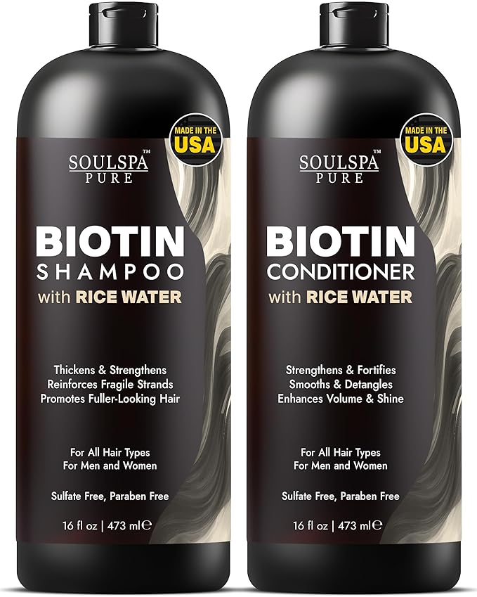 Biotin Rice Water Shampoo and Conditioner Set - Thickening Formula with Rice Protein & Keratin - Strengthening Hair Care for Thinning Hair - Made in USA - 16 fl oz Each