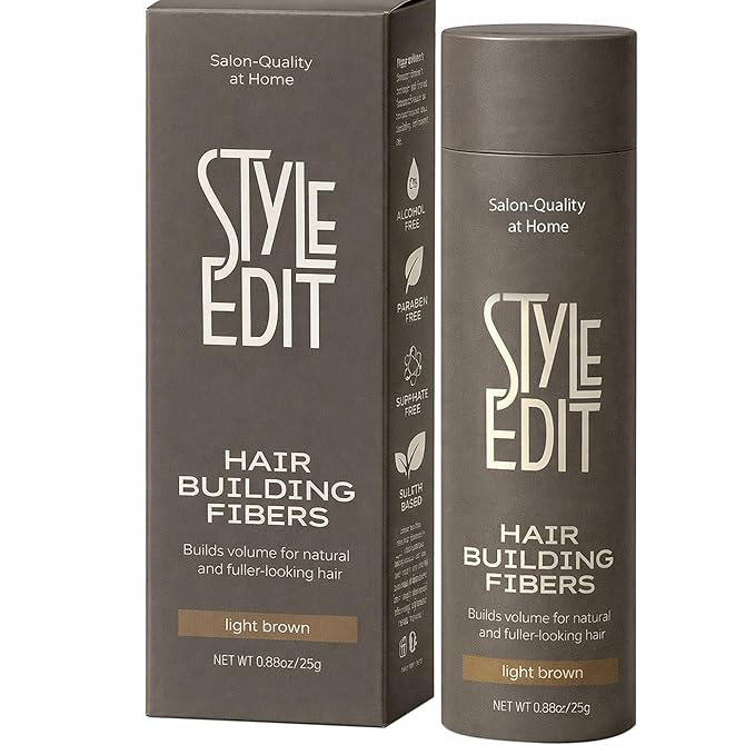 Style Edit Hair Building Fibers for Thinning Hair | Conceals Receding Hairlines, Fine Hair & Bald Spots for Fuller looking hair, 100% Plant-Based Thickening Powder for Men & Women, Light Brown 0.88oz