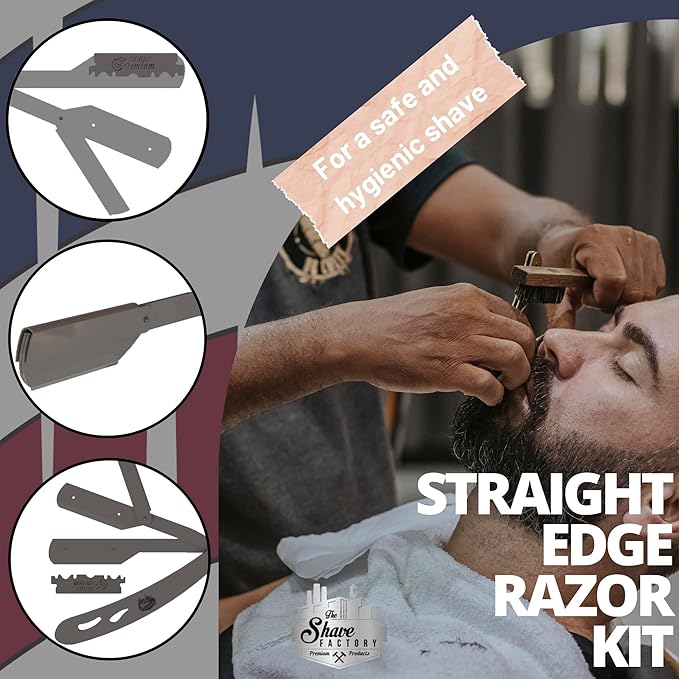 the shave factory Straight Edge Razor Kit - with Single | Stainless Steel razors for men from (Black / 200 Derby Premium Blades)