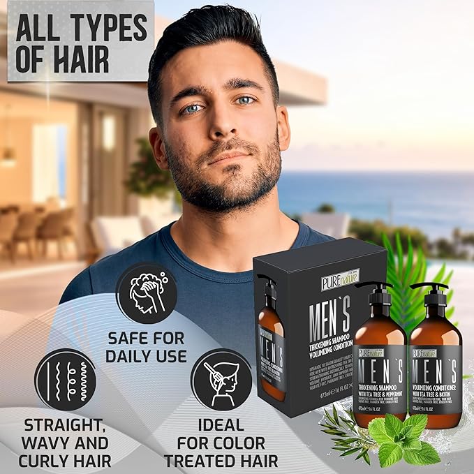 Mens Shampoo and Conditioner Set - Sulfate Free Strengthening and Thickening Formula for Fuller Hair - Helps with Thinning Hair - Formulated for Men - 16 Fl Oz (Set of 2)