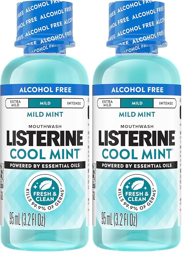Listerine Alcohol Free Mouthwash, Less Intense Alcohol-Free Oral Care Formula for Bad Breath, Cool Mint Flavor, 3.2 fl. oz (Pack of 2)