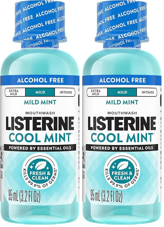 Listerine Alcohol Free Mouthwash, Less Intense Alcohol-Free Oral Care Formula for Bad Breath, Cool Mint Flavor, 3.2 fl. oz (Pack of 2)