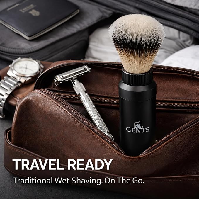 GENTS Travel Shaving Brush with Collapsible Canister – Synthetic Bristles, Compact Portable Wet Shaving Brush for Men, Chrome-Style Travel Grooming Brush for Home, Gym & Hotel Use (Black, 6 Inches)