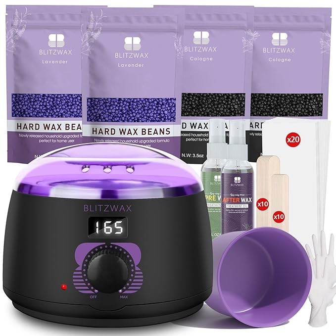 BLITZWAX Brazilian and Bikini Waxing Kit for Women, Hard Wax Warmer for Face, Legs and Body, At Home Hair Removal Kit, Beginner Friendly, Digital Fast Heating, 51 Wax Items