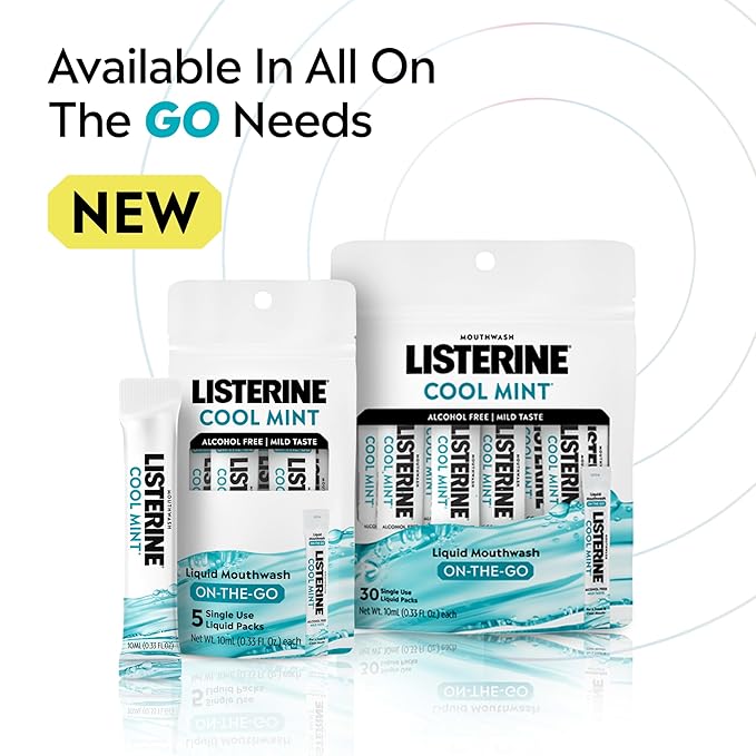 Listerine On-The-Go Cool Mint Alcohol Free Mouthwash Packets, Oral Rinse in Individual Packets Kills Bad Breath Germs, Less Intense Taste, Cool Mint Flavor, Mini Travel Size, 0.33 fl oz., 30 Pack