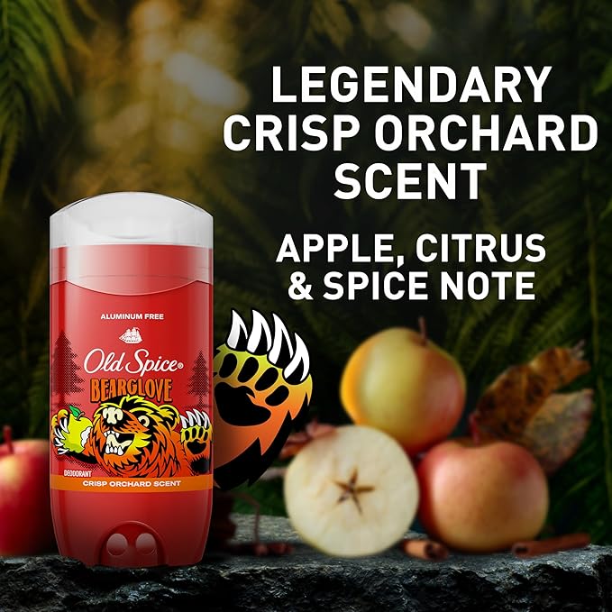 Old Spice Aluminum Free Deodorant for Men, 24/7 Odor Protection, 24/7 Freshness & Lasting Scent, Goes on Clear, Bearglove with Crisp Orchard Scent, 3.0 oz