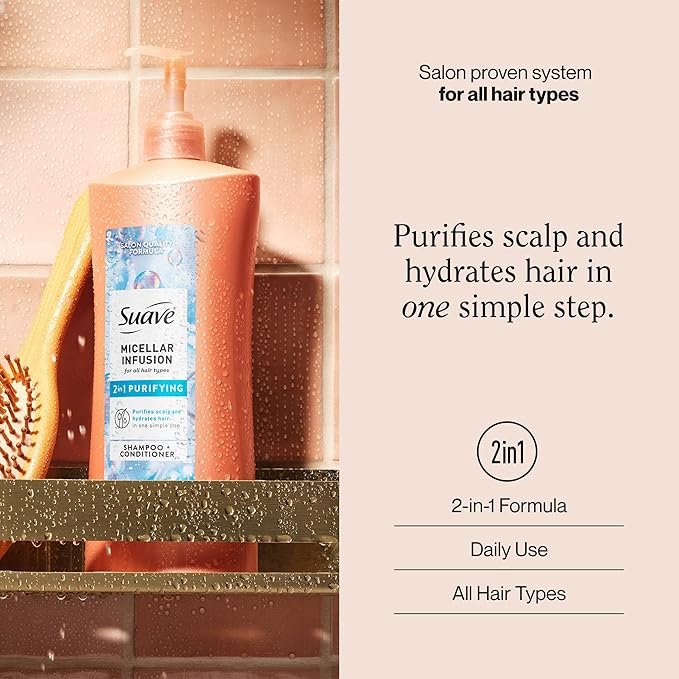 Suave Micellar Infusion 2-in-1 Purifying Shampoo + Conditioner, Gently Cleanses & Conditions for Manageable Hair, Daily Use for All Hair Types, 28 FL OZ Pump, 4 Count