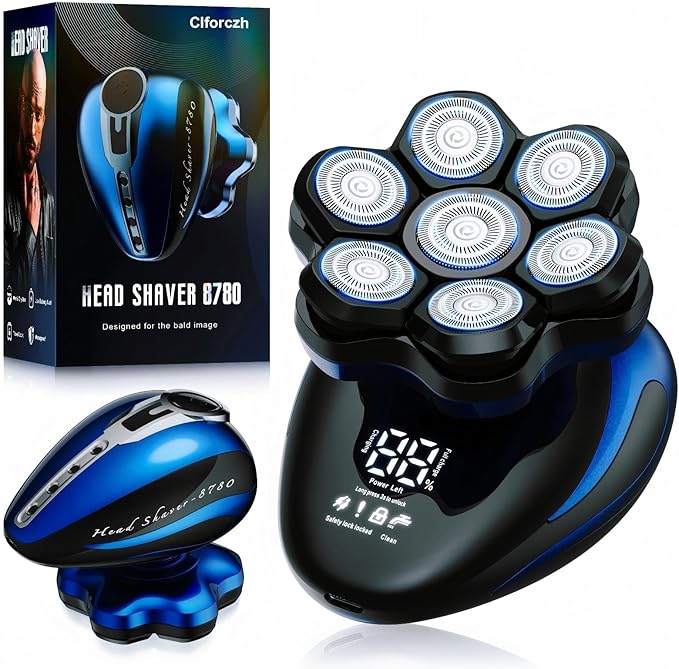 Head Shavers for Bald Men: 7D Detachable Electric Razor - IPX6 Waterproof Wet Dry Rotary Shavers - LED Display Rechargeable Head Shaving with Fast Charging, Deep Blue