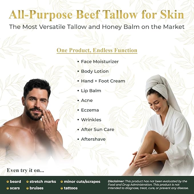 Whipped Tallow and Honey Balm (Unscented), Beef Tallow for Skin Care, Grass Fed + Finished Tallow Moisturizer Cream for Face & Body w/Organic Honey, Aloe Vera, Jojoba Oil, Men Women 3.25oz