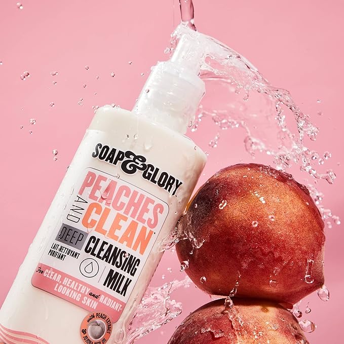 Soap & Glory Peaches & Clean Cleansing Milk - Gentle Face Cleanser + Makeup Remover with Jojoba Oil and Peach & Ginseng Extracts - Hydrating Face Wash for Women for Soft, Radiant Skin (11.8 oz)