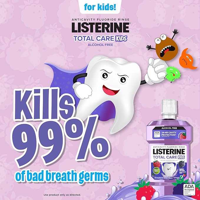 Listerine Total Care Kids Mouthwash, ADA Accepted, Alcohol-Free Anticavity Fluoride Mouthwash, Children's Mouthwash for Cavity Protection and Fresh Breath, Berry Flavor, 500 mL