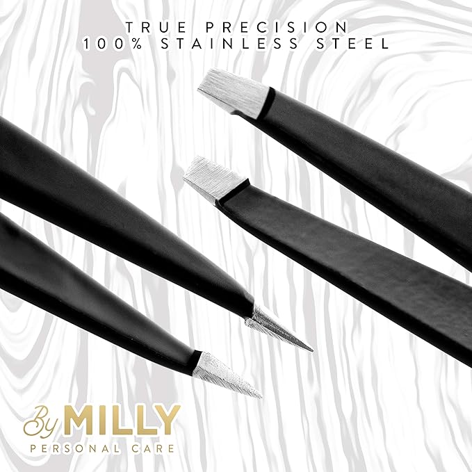 Precision Tweezers Set | Slanted & Pointed Tip Tweezers Kit | High Carbon Stainless Steel | Aligned & Hand-Filed Tweezer Set Professional | Hair Removal & Eyebrow Tweezer Set | Black