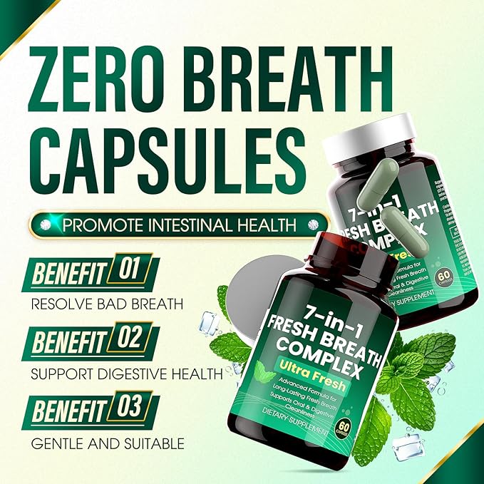 Zero Breath Bad Breath Capsules - Breath Freshener 7 in 1 Bad Breath Solution with Organic Chlorophyllin, Mint & Probiotics, Vegan, Gluten-Free (1)