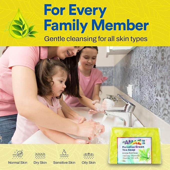 Paradise Amino Acid Organic Soap Bar, Moisturizing, Residue-Free Refreshing Cleanser, Cooling & Invigorating Bath Natural Soap for Women, Men & Kids with Plant-Based Oils, 100g, Green Tea