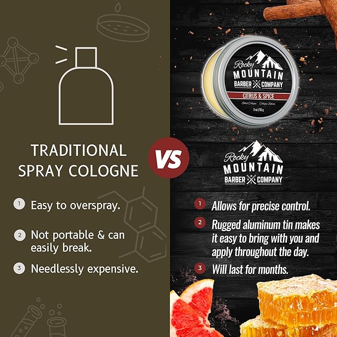 Rocky Mountain Barber Company Solid Cologne for Men – Citrus & Spice Scent – 2 Oz Size - Made with Coconut Oil, Shea Butter - Long-Lasting Scent