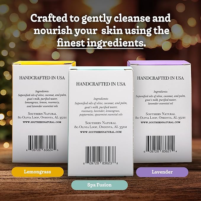 Southern Natural Goat Milk Soap Bar (Variety 3 Pack) Lavender, Lemongrass, Spa Fusion - For Dry Sensitive Skin. Natural Handmade Soap For Face and Body.(Each Bar 4-4.5 oz)