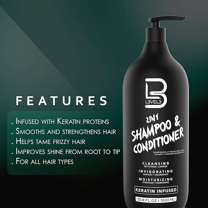 L3 Two in One Shampoo and Conditioner - Smooths and Strengthens Hair - Improves Shine and Tames Frizzy Hair - 33.8 Fl Oz