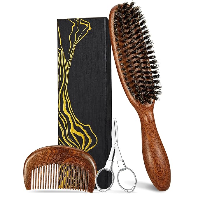 Hair and Beard Brush Kit for Men with Natural Boar Bristles and Sapele Wood Ergonomic Handle, Mustache Comb Grooming Gift for Thin Fine Hair Growth, Detangle, Smoothing, Taming, 9.1 Inches