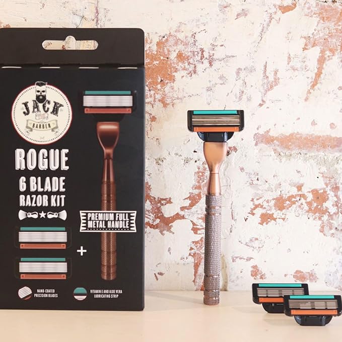Jack The Barber Men Razors For Shaving 6 Blade Razor Kit, Cartridge Razors For Men Multi-Blade Metal Handle, Alternative To 4 Blade Razors For Men