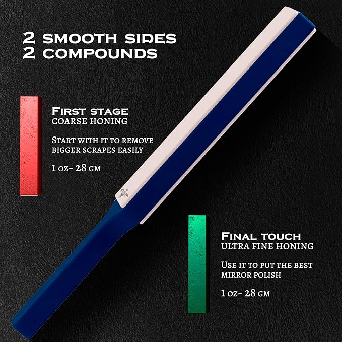 Leather Strop for Knife Sharpening Made from Premium Italian Leather, 14" Knife Strop with Storage Bag and 2 Polishing Compound for Various Knives, Razors, Axes, Chisels and Knives, Blue
