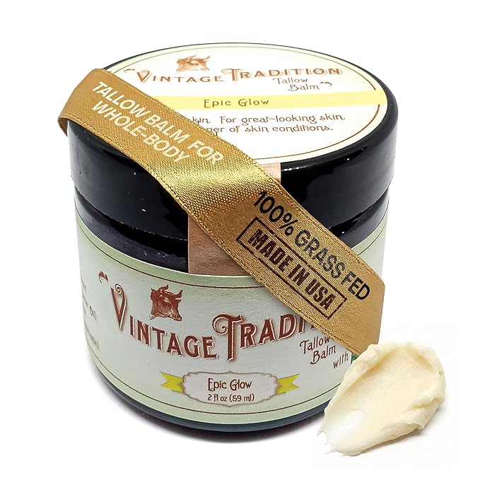 Vintage Tradition Epic Glow Beef Tallow Balm – Glow Boosting Moisturizer with Lavender Oil, Myrrh Oil, Manuka Face Oil, and Fish Oils – Beef Tallow for Skin Care from Head to Toe, 2 fl. oz.