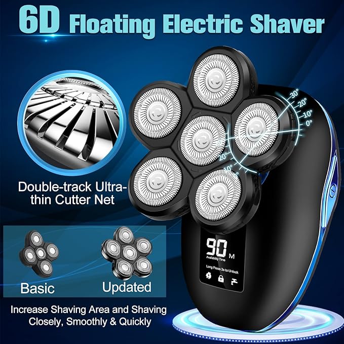Head Shaver for Bald Men,6-in-1 Electric Shaver for Bald Head 6D Wet/Dry Waterproof Mens Electric Razor Head Shavers Mens Grooming Kit Cordless Rechargeable Face Head Shaving Rotary Shavers