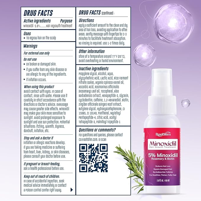 Women's 5% Minoxidil Spray for Hair Growth: 3-Pack RootStim Extra Strength Minoxidil with Rosemary & Biotin for Thinning Hair Regrowth and Fuller Hair - 60ML Each