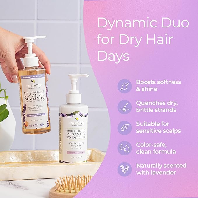 Tree To Tub Lavender Shampoo and Conditioner Set for Dry Hair, Dry Scalp, Frizz - Moisturizing Argan Oil Shampoo and Conditioner for Women & Men w/Organic Natural Aloe Vera