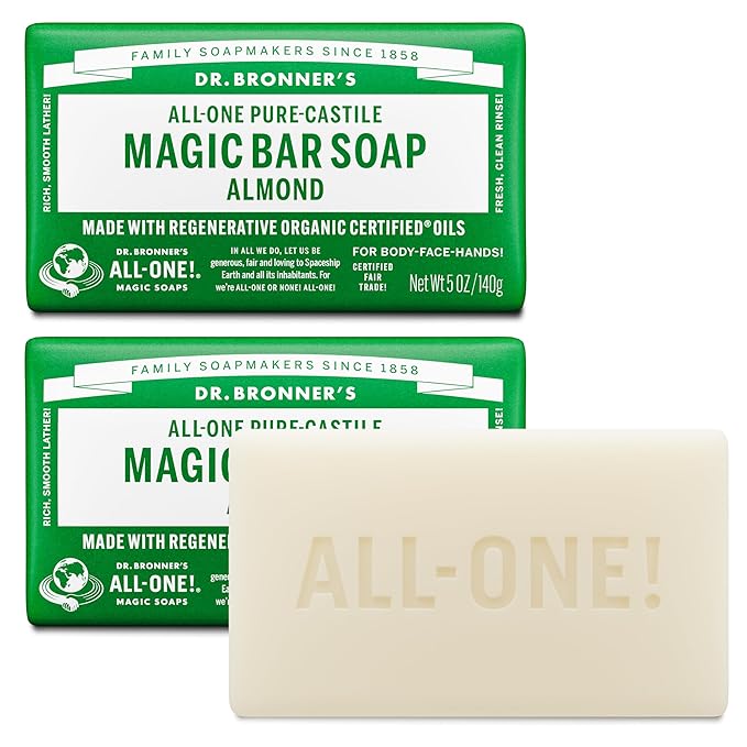 Dr. Bronner's Pure-Castile Magic Bar Soap - Made with Regenerative Organic Certified Oils - For Face, Body, Hair - Gentle Cleanse - Vegan Bath Soap Bars for Men & Women - Almond, 2 pack, 5 oz