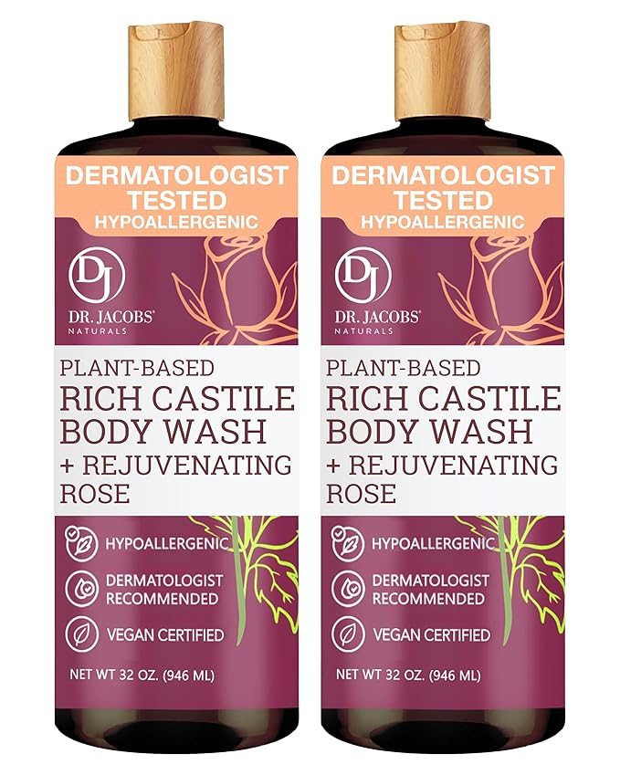 Dr. Jacobs Naturals Pure Castile Soap Liquid Body Wash, Rose - Plant Based Body Soap Infused with Vitamin E and Aloe Vera to Moisturize Dry and Sensitive Skin - Made in The USA - 32 oz, Pack of 2