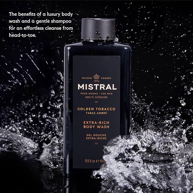 Mistral Men's Body Wash & Shampoo, Golden Tobacco 13.5 oz | 2-in-1 Natural Shower Gel for Men | SLS, Paraben & Phthalate Free | Natural Men’s Body Wash, Moisturizing Bath Gel - Made in France