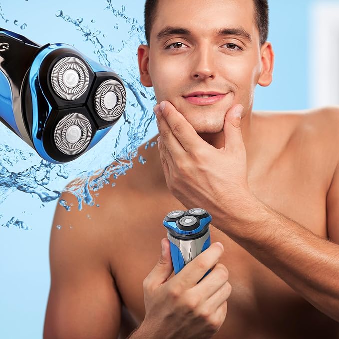 Rechargeable Electric Wet and Dry Rotary Shaver with Stainless Steel Blades, Pop Up Trimmer and LCD Screen